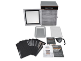 A commercial-grade food dehydrator kit shown on a white background, including the main dehydrator unit with trays, a digital control panel, multiple black dehydrator sheets, a metal tray, a wire rack, a scoop, and instruction manuals.